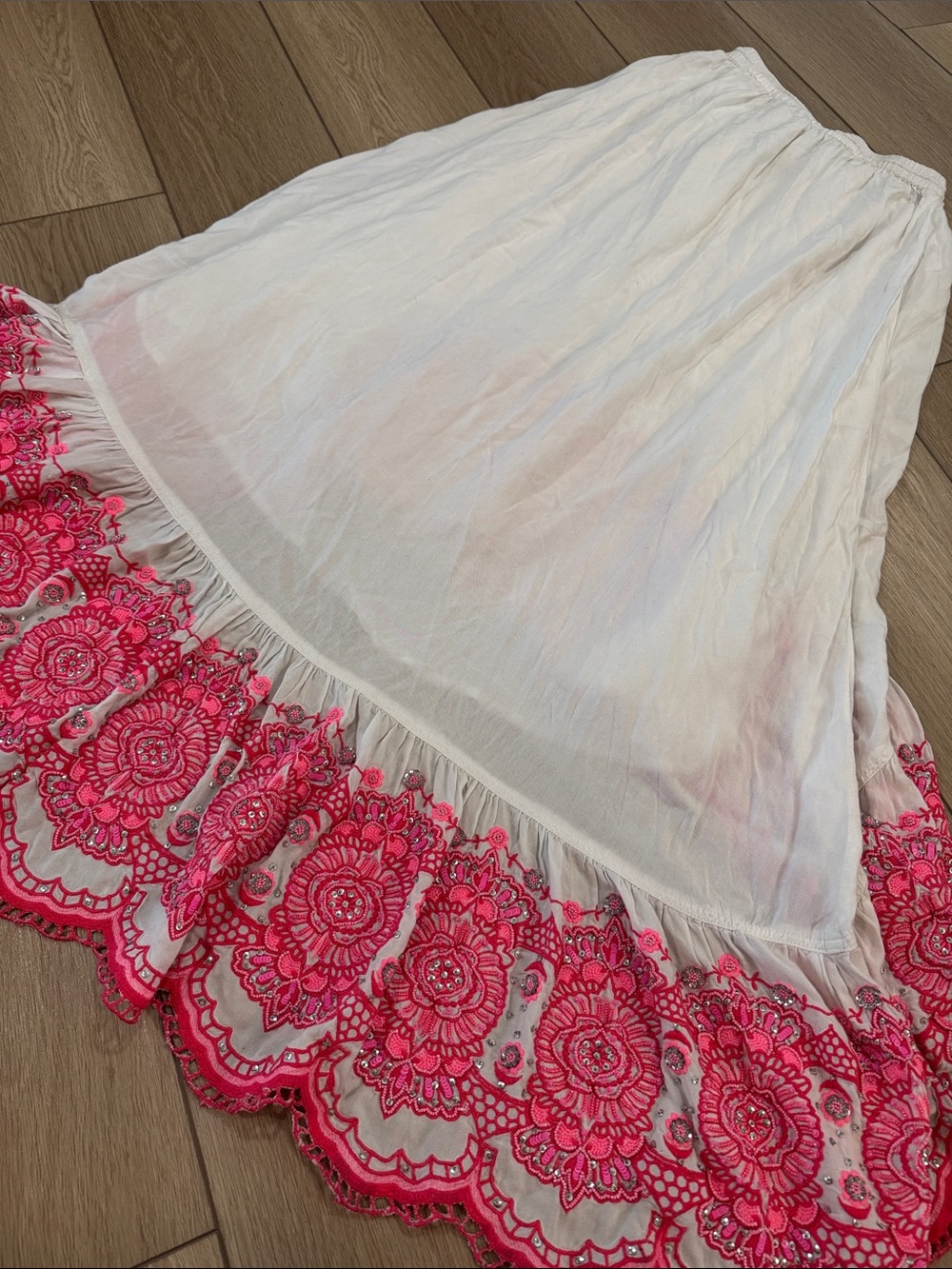 High Low Beaded Embroidered Maxi Skirt Sz M Preppy Beachy Flowy Pink Sparkle - Picture 8 of 10